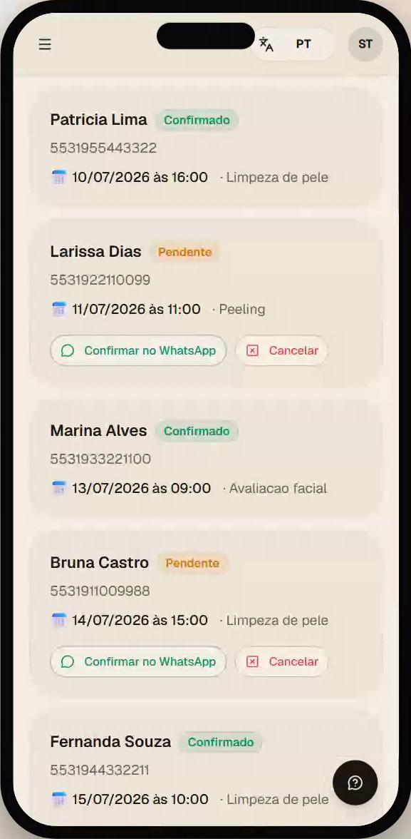 Tela real da agenda da SmartBio se enchendo de horários
